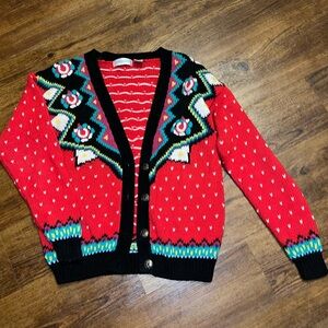Complements 90s Retro Red Colorful Knit Button Up Cardigan Sweater Size S